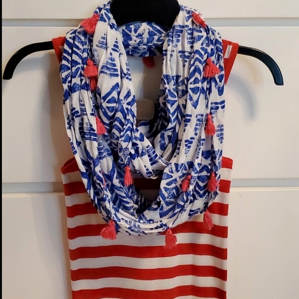 J. Crew Blue and Coral Tassel Infinity Scarf - Picture 3 of 6